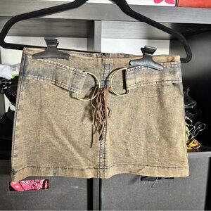silence + noise Tan Denim Mini Skirt with Leather Tie Detail